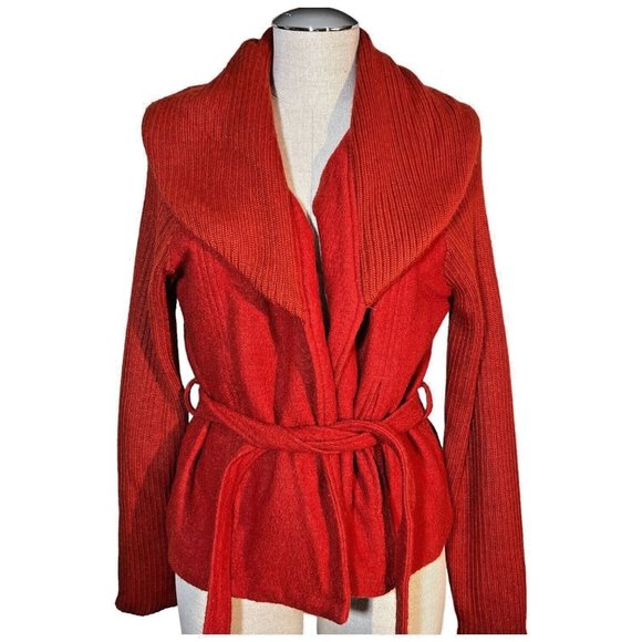 Willi Smith Boiled Wool Sweater Open Cardigan Belted Long Sleeve Knit Jacket XL - Picture 1 of 7